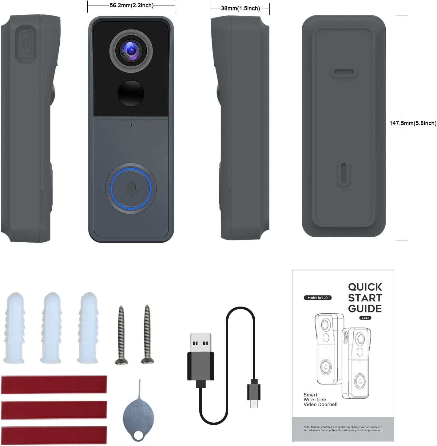 KAMEP Video Doorbell Camera ,1080P HD Wireless Door Bell 145° Wide Angle,PIR Motion Detection, IP65 Waterproof, 2-Way Audio, Night Vision, 2.4G WiFi,Cloud Storage & TF Card