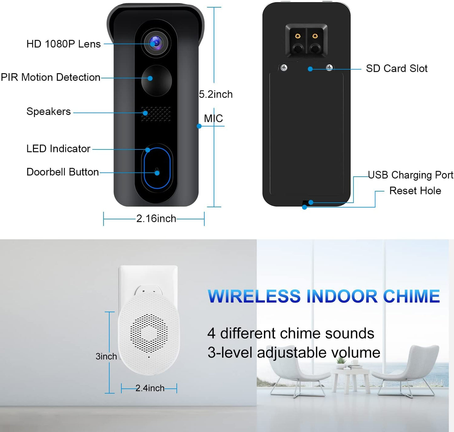 KAMEP Video Doorbell Camera 2K HD WiFi Smart Wireless Camera Doorbell with Indoor Chime, Improved Motion Detection, 2-Way Audio, Night Vision, 166° Angle and 8G SD Card Pre-Installed