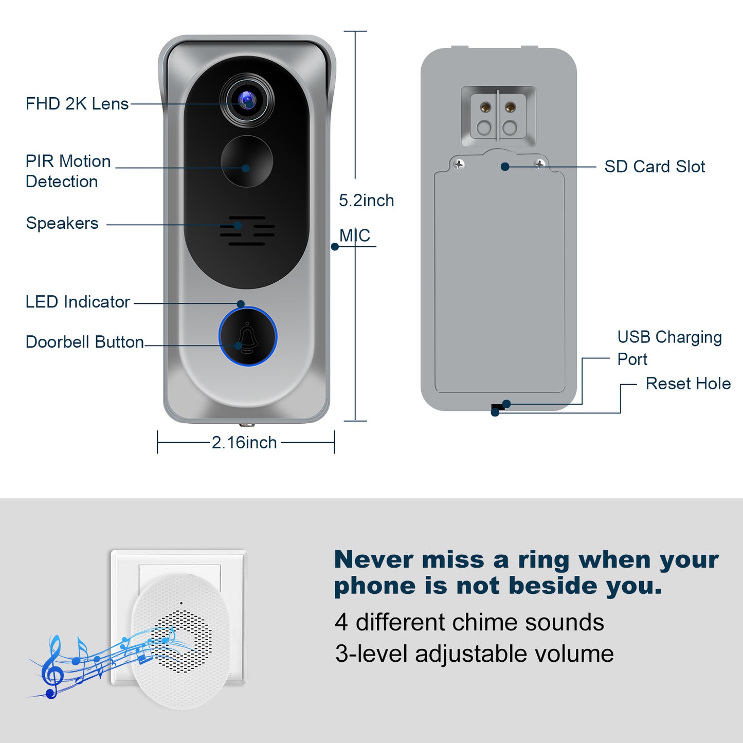 KAMEP Wireless Video Doorbell, Battery-Powered Doorbell Camera, 2K FHD Resolution, PIR Motion Detection, IR Night Vision, 120-Day Battery Life, 2-Way Audio, Cloud Storage and 8GB SD Card Pre-installed