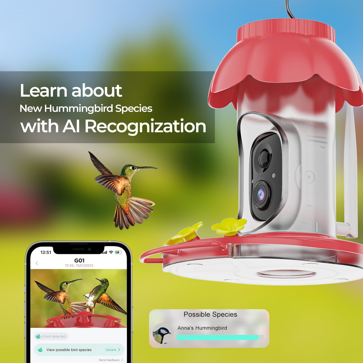 Smart Hummingbird Feeder with Camera Wireless Outdoors Bird Feeders Video Watching AI Camera with Auto Capture Videos & Motion Detection Ideal Gift for Bird Lovers