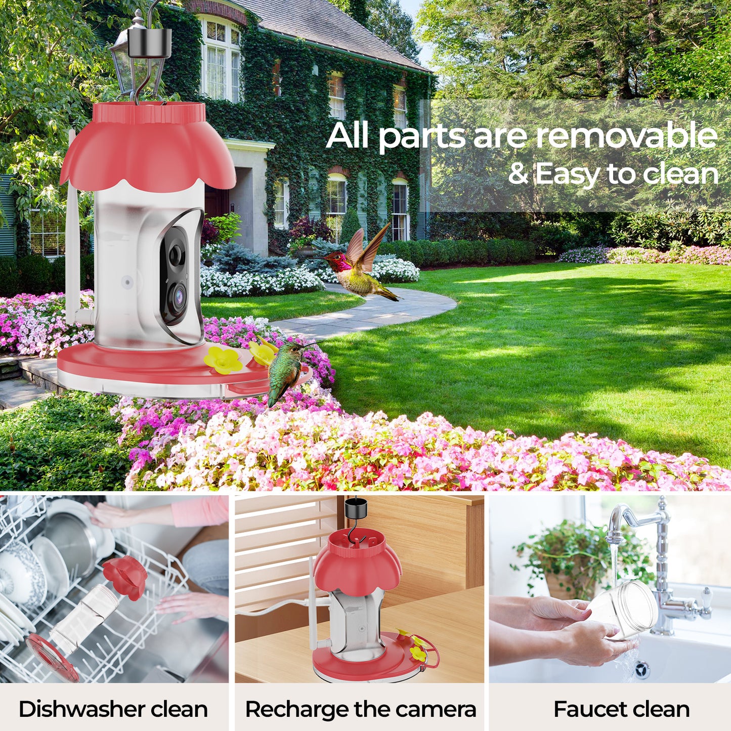 Smart Hummingbird Feeder with Camera Wireless Outdoors Bird Feeders Video Watching AI Camera with Auto Capture Videos & Motion Detection Ideal Gift for Bird Lovers
