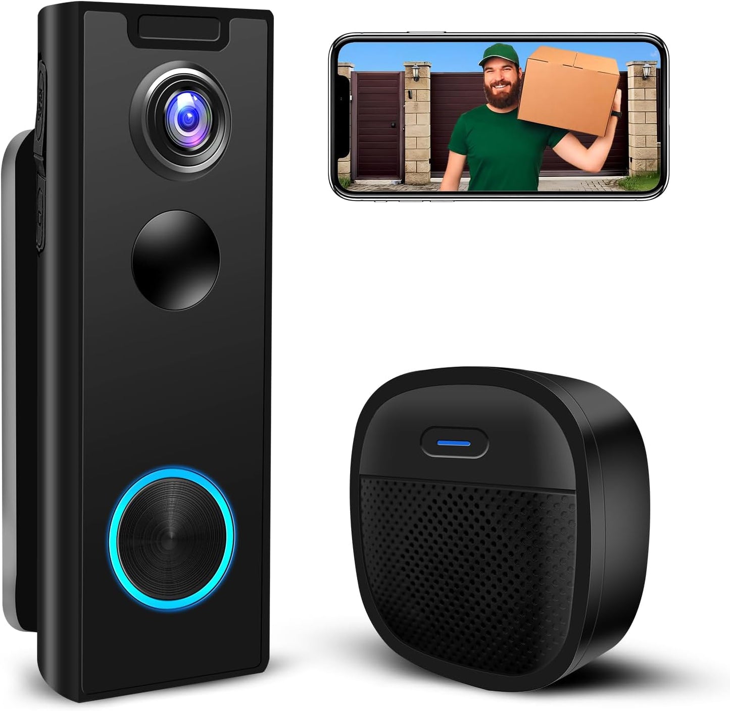 Video Doorbell Camera Wireless with Chime, with Multi-angle Bracket, Voice Changer, No Subscription,Motion Detection,1080P, Night Vision, 2-Way Audio, Battery Powered, IP66, 2.4G, Works with Alexa