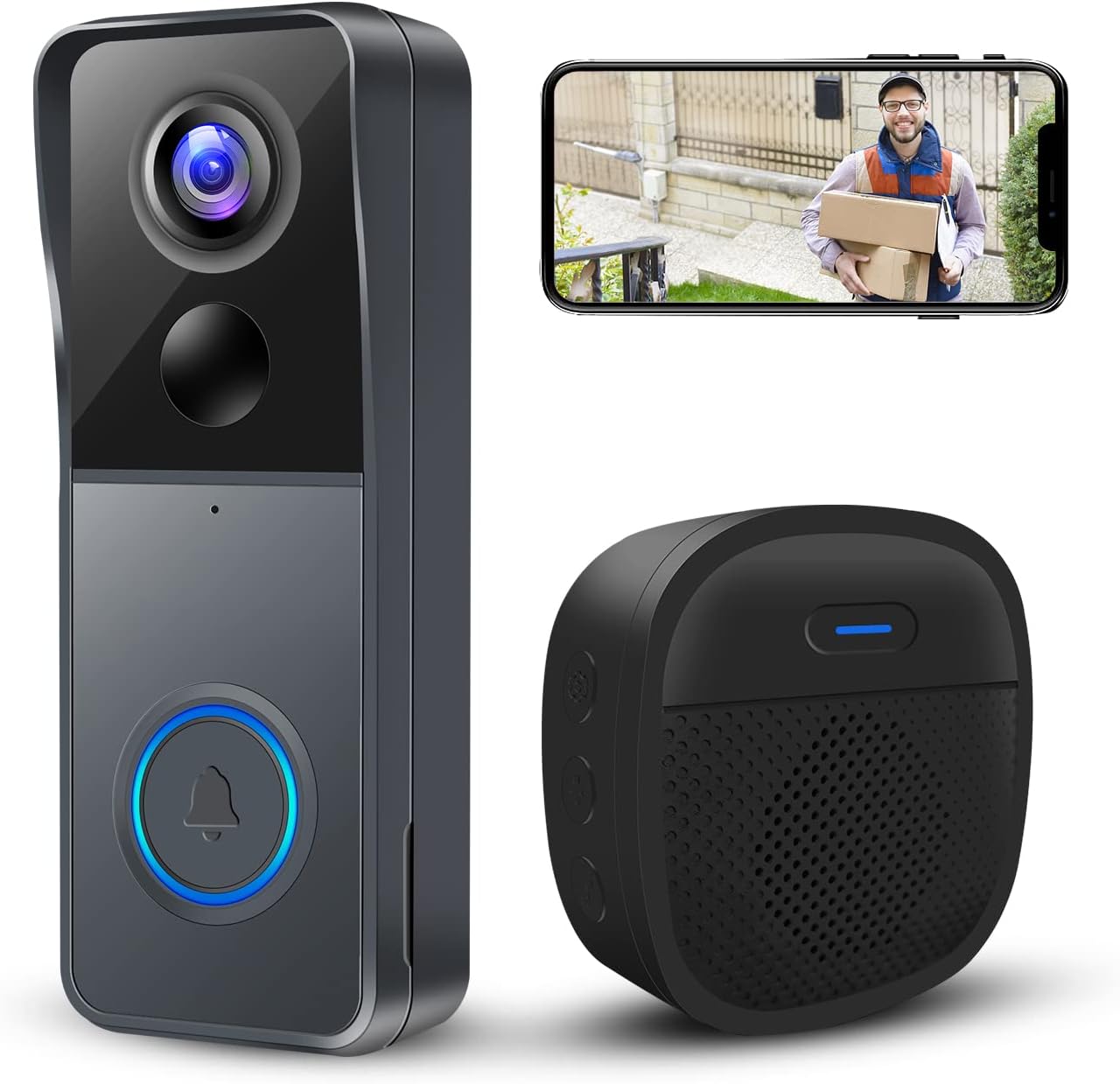 KAMEP Wireless Video Doorbell Camera with Chime, Smart Video Door Bells with Camera Battery Powered, Voice Changer, PIR Motion Detection, 1080P HD, 2-Way Audio, 2.4G WiFI, Night Vision, Support SD Card