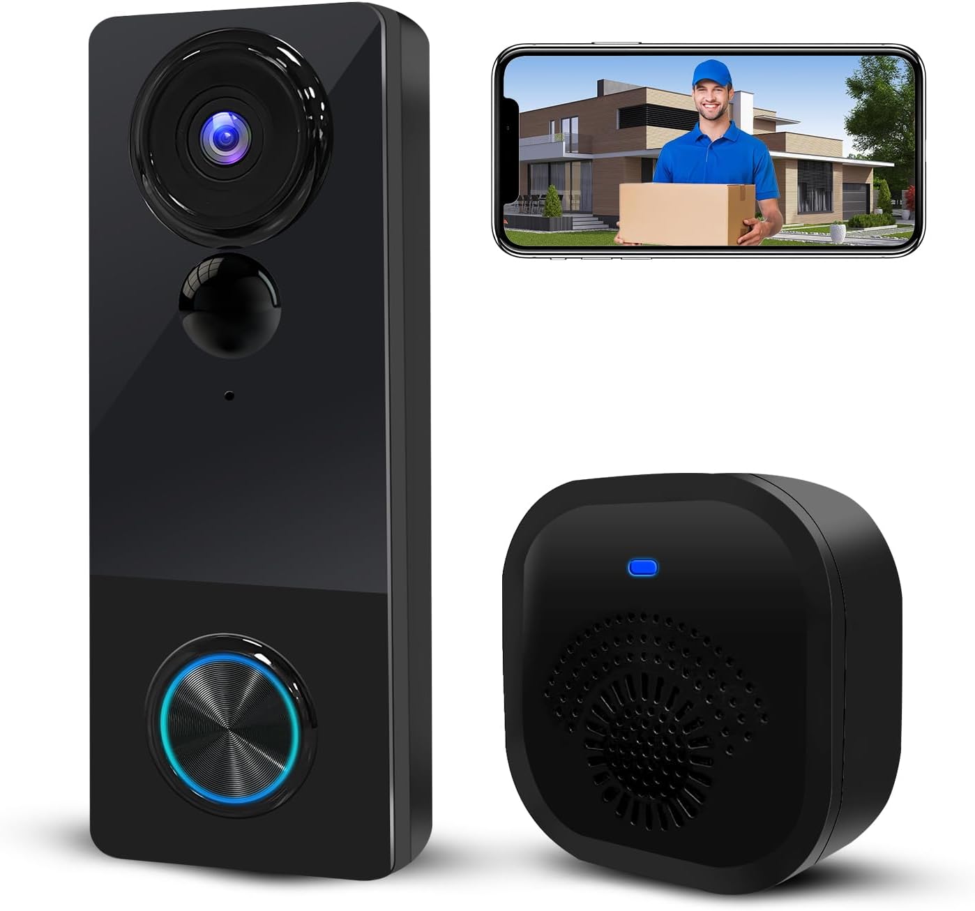Wireless Video Doorbell Camera with Chime, 1080P HD Smart Door Bells Camera with Voice Changer, PIR Motion Detection, Night Vision, 2-Way Audio, IP66, 2.4G WiFi, Battery Powered,Works with Alexa