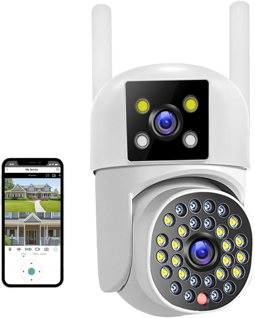 Dual Lens Security Camera Outdoor, CCTV Camera Systems with Color Night Vision, 2.4G WiFi Wireless PTZ Home Security Camera , Motion Detection,Auto Tracking, Siren Light, Pan Tilt,Two-way Audio