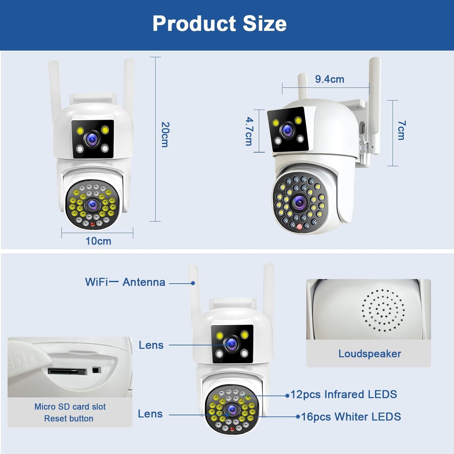 Dual Lens Security Camera Outdoor, CCTV Camera Systems with Color Night Vision, 2.4G WiFi Wireless PTZ Home Security Camera , Motion Detection,Auto Tracking, Siren Light, Pan Tilt,Two-way Audio