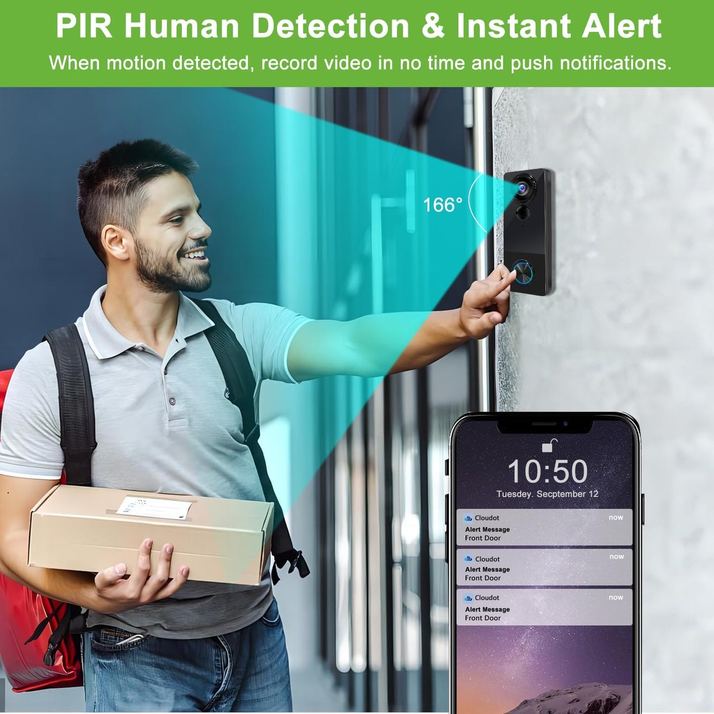 Wireless Video Doorbell Camera with Chime, 1080P HD Smart Door Bells Camera with Voice Changer, PIR Motion Detection, Night Vision, 2-Way Audio, IP66, 2.4G WiFi, Battery Powered,Works with Alexa