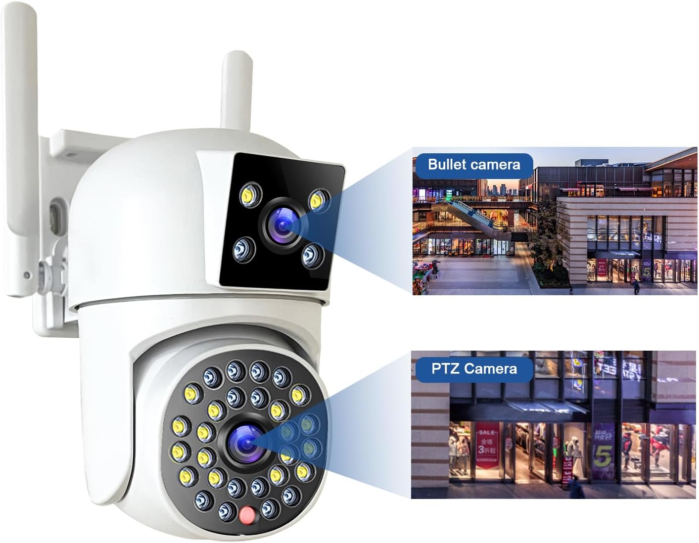 Dual Lens Security Camera Outdoor, CCTV Camera Systems with Color Night Vision, 2.4G WiFi Wireless PTZ Home Security Camera , Motion Detection,Auto Tracking, Siren Light, Pan Tilt,Two-way Audio