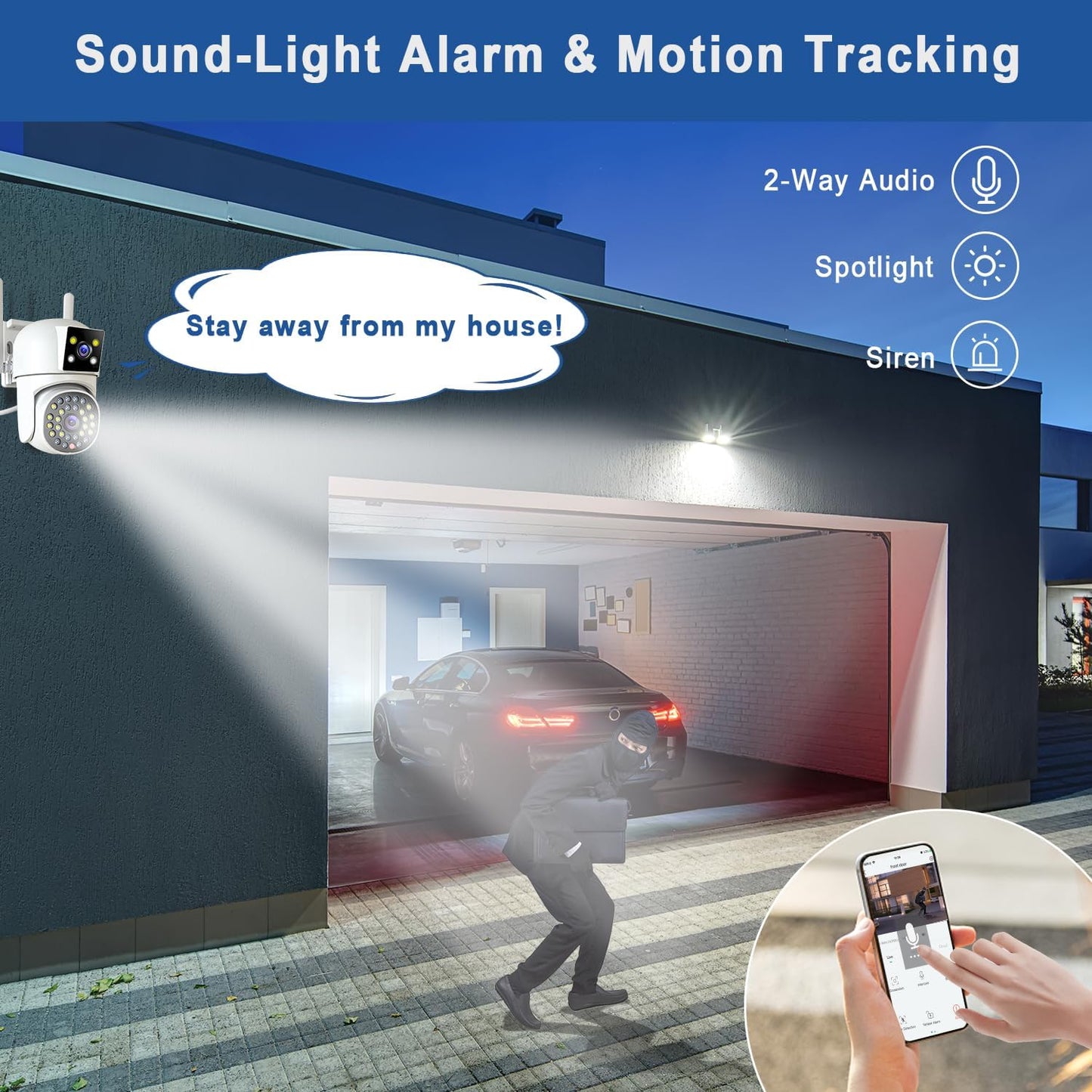 Dual Lens Security Camera Outdoor, CCTV Camera Systems with Color Night Vision, 2.4G WiFi Wireless PTZ Home Security Camera , Motion Detection,Auto Tracking, Siren Light, Pan Tilt,Two-way Audio