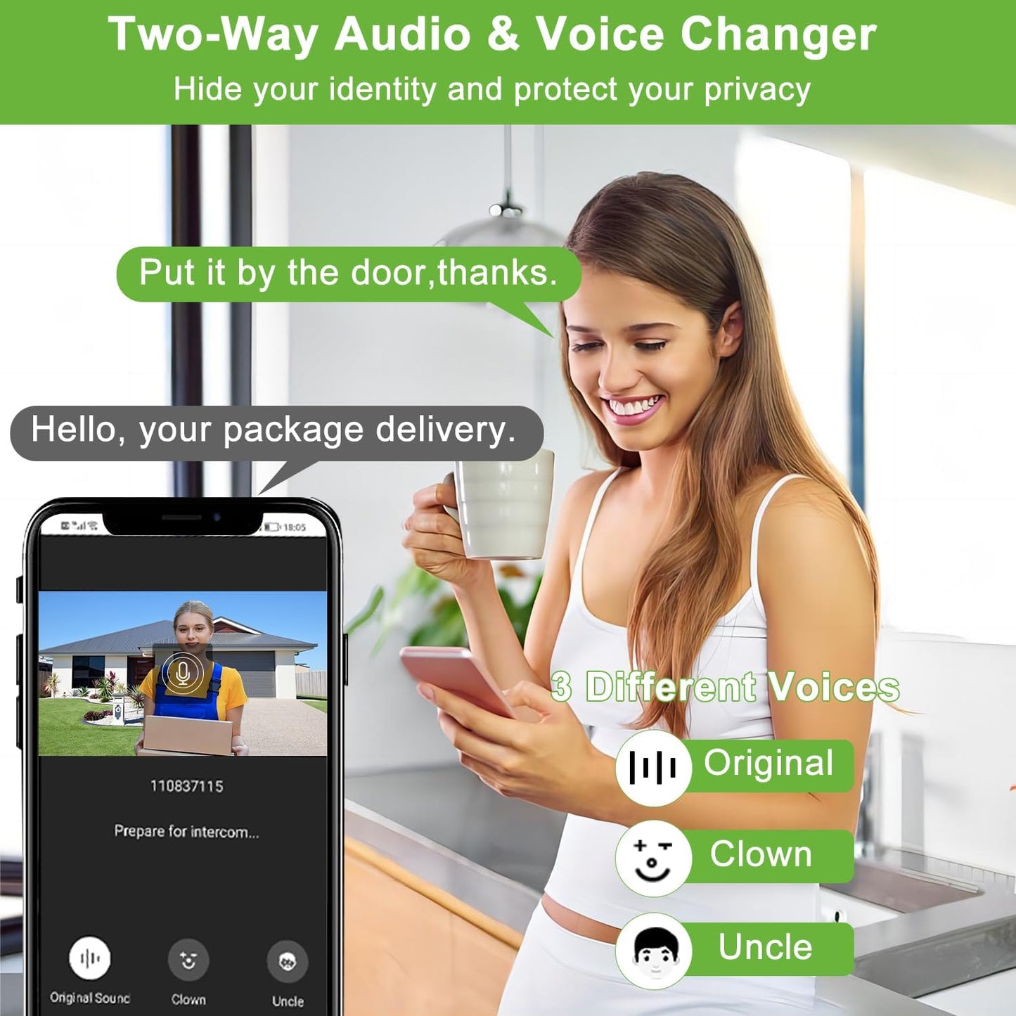 Wireless Video Doorbell Camera with Chime, 1080P HD Smart Door Bells Camera with Voice Changer, PIR Motion Detection, Night Vision, 2-Way Audio, IP66, 2.4G WiFi, Battery Powered,Works with Alexa