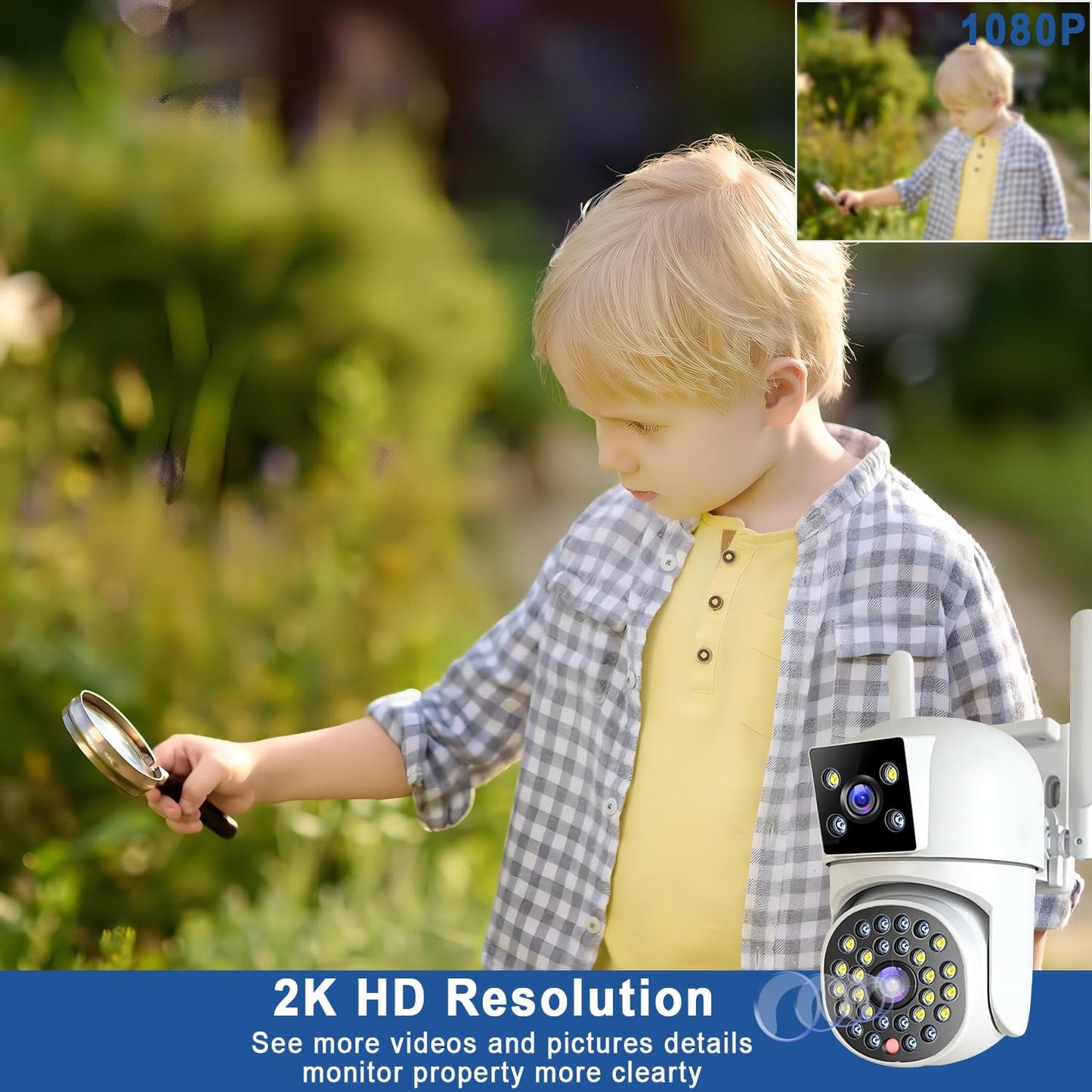 Dual Lens Security Camera Outdoor, CCTV Camera Systems with Color Night Vision, 2.4G WiFi Wireless PTZ Home Security Camera , Motion Detection,Auto Tracking, Siren Light, Pan Tilt,Two-way Audio