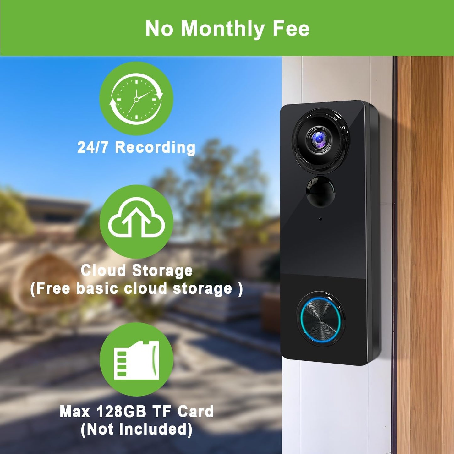 Wireless Video Doorbell Camera with Chime, 1080P HD Smart Door Bells Camera with Voice Changer, PIR Motion Detection, Night Vision, 2-Way Audio, IP66, 2.4G WiFi, Battery Powered,Works with Alexa