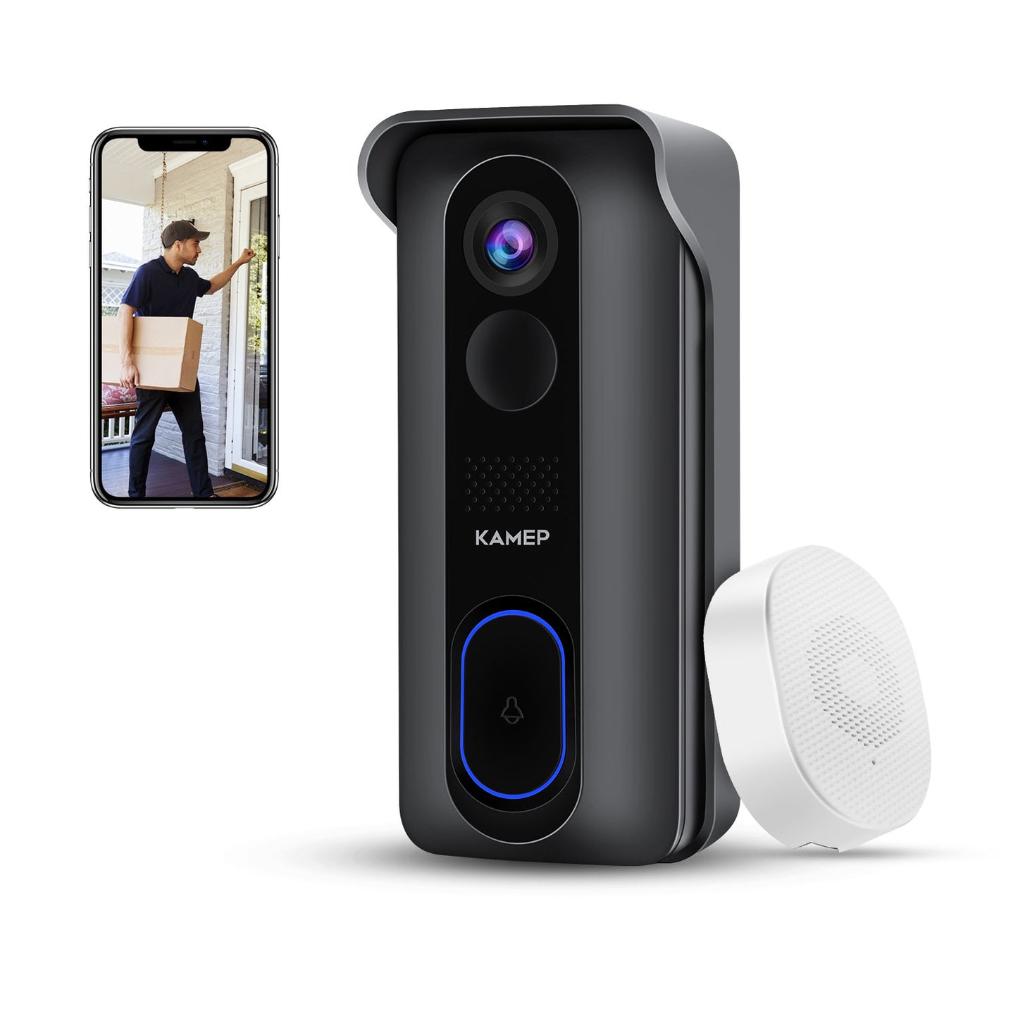 KAMEP Video Doorbell Camera 2K HD WiFi Smart Wireless Camera Doorbell with Indoor Chime, Improved Motion Detection, 2-Way Audio, Night Vision, 166° Angle and 8G SD Card Pre-Installed