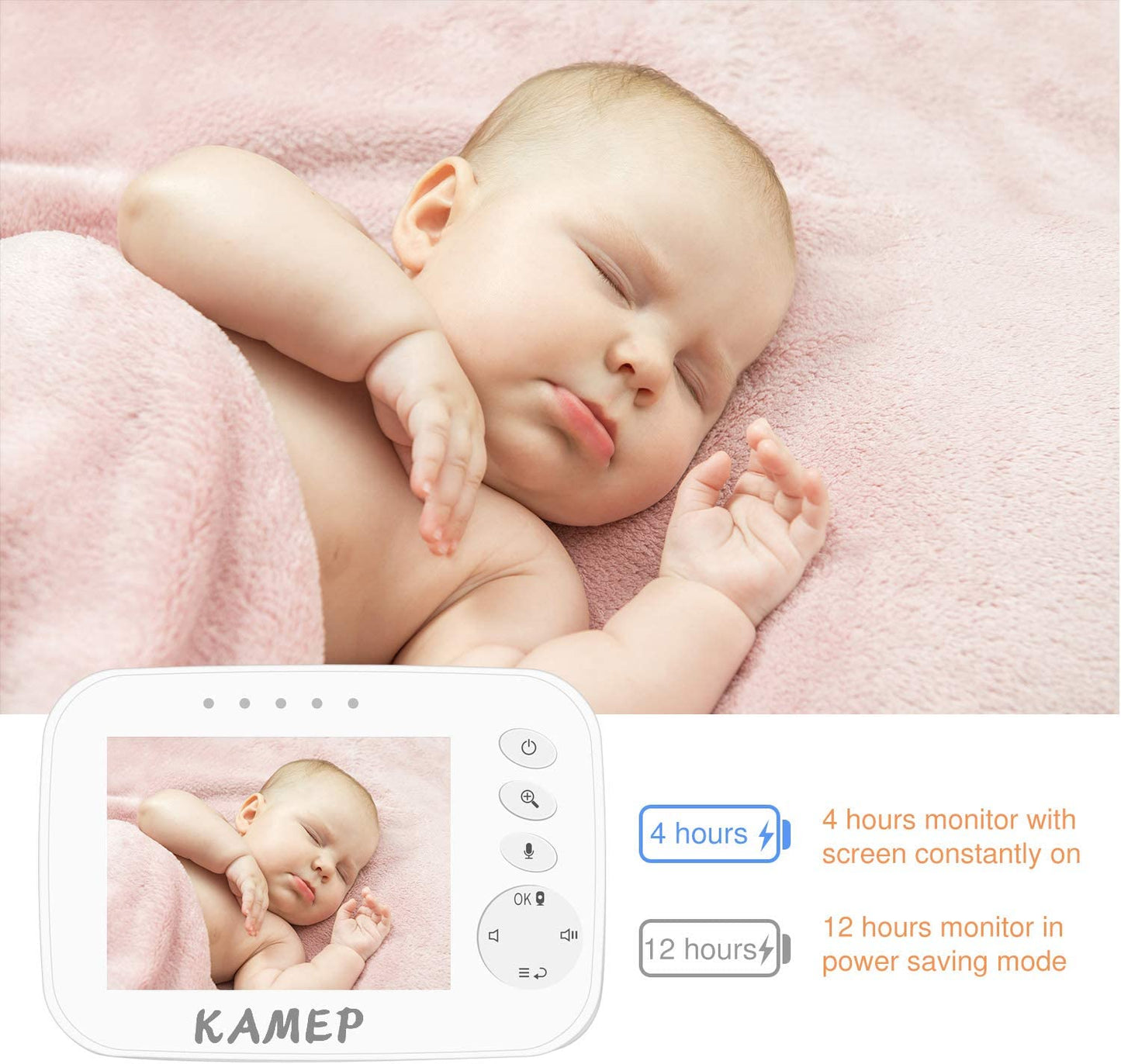 KAMEP Video Baby Monitor with Camera,Baby Camera with No Glow Infrared Night Vision,Support Temperature Monitor,Two-Way Talk,Lullaby,Remote Zoom Video Monitor System